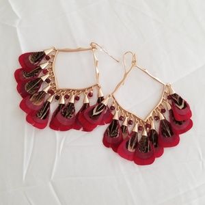 Raven Rose Gold Earrings in Maroon Feathers